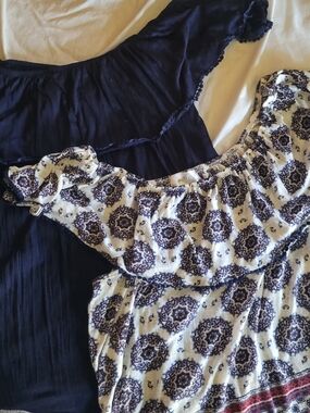 Navy Off-Shoulder Blouse & White Patterned Off-Shoulder Top